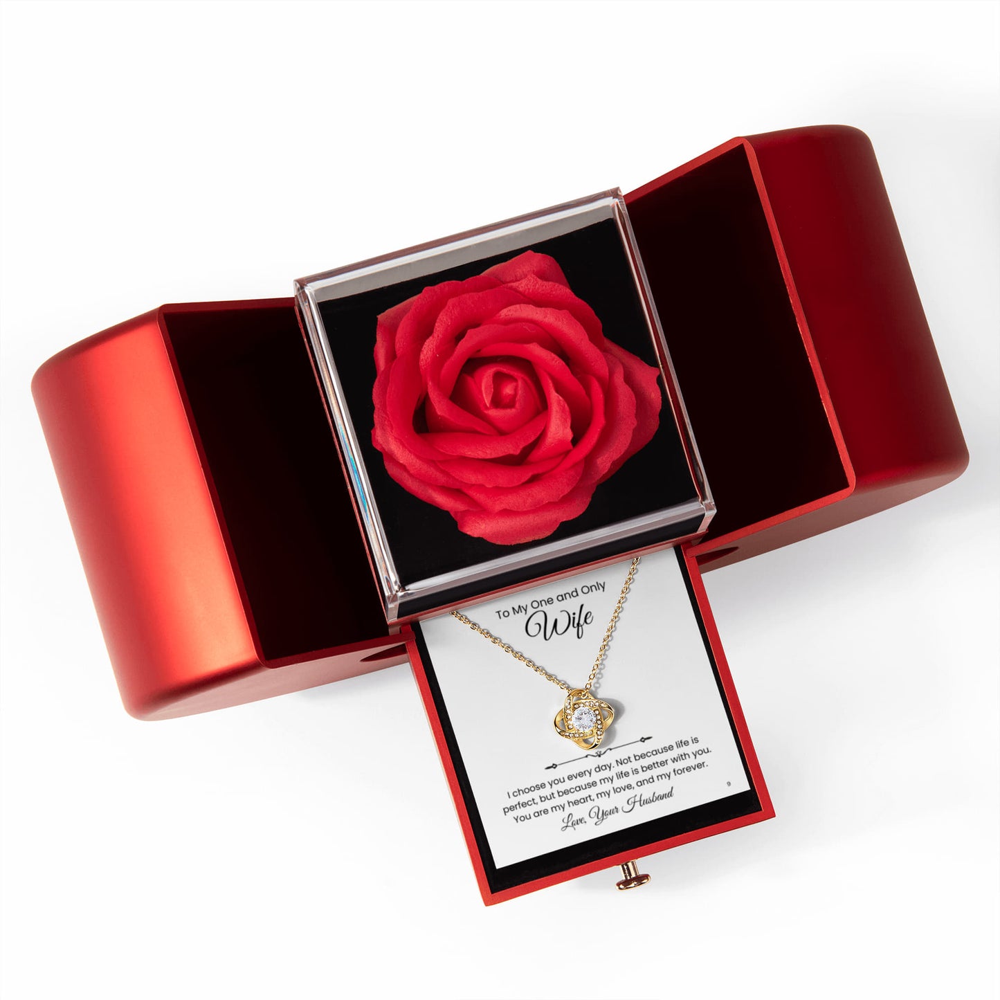 Elegant Rose Heart Box and Love knot Necklace Gift Set-Wife