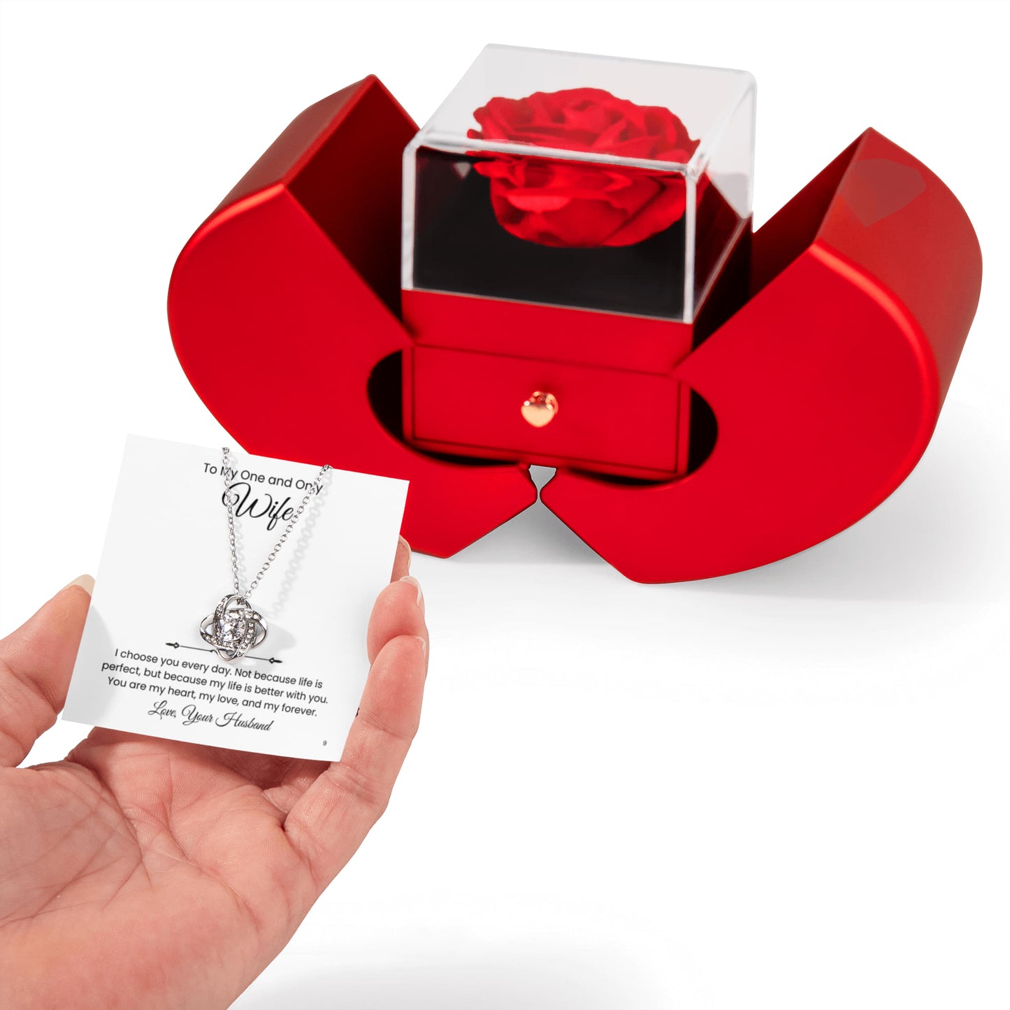 Elegant Rose Heart Box and Love knot Necklace Gift Set-Wife