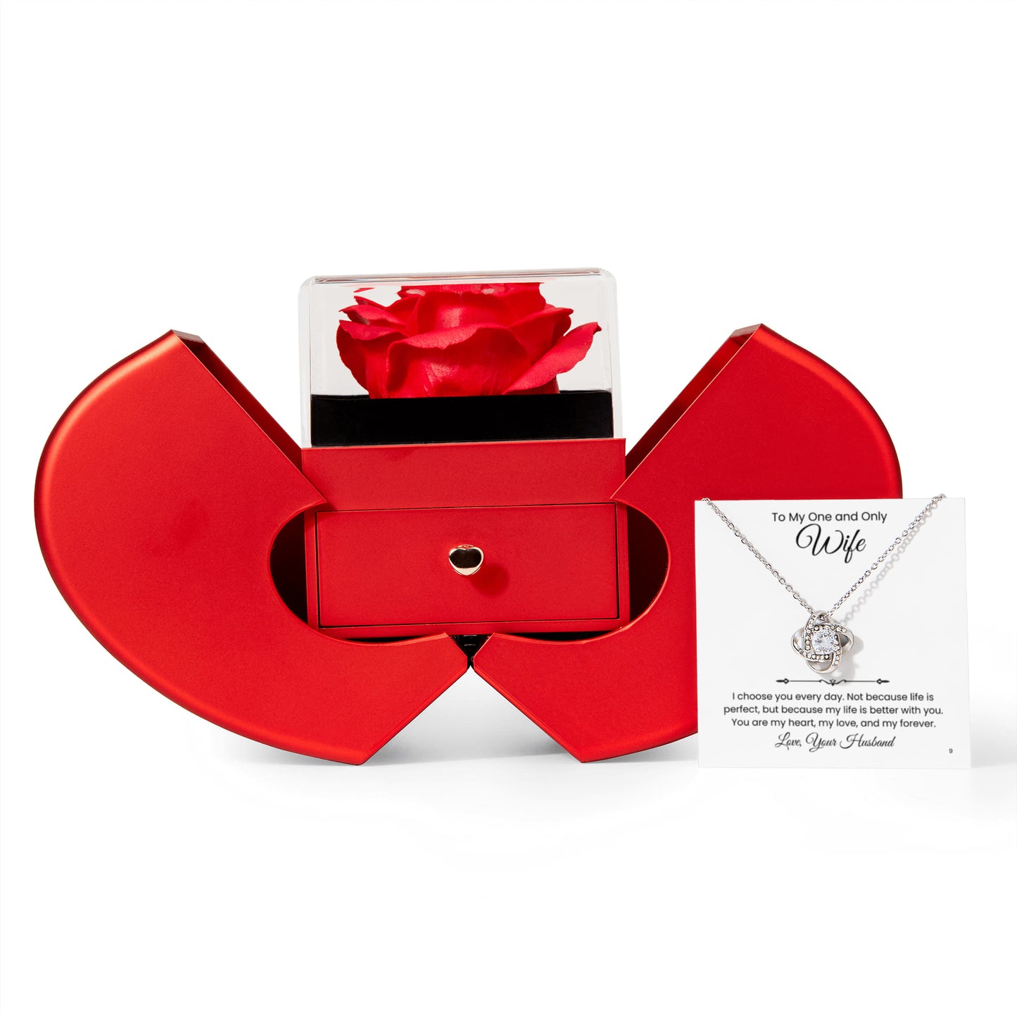 Elegant Rose Heart Box and Love knot Necklace Gift Set-Wife