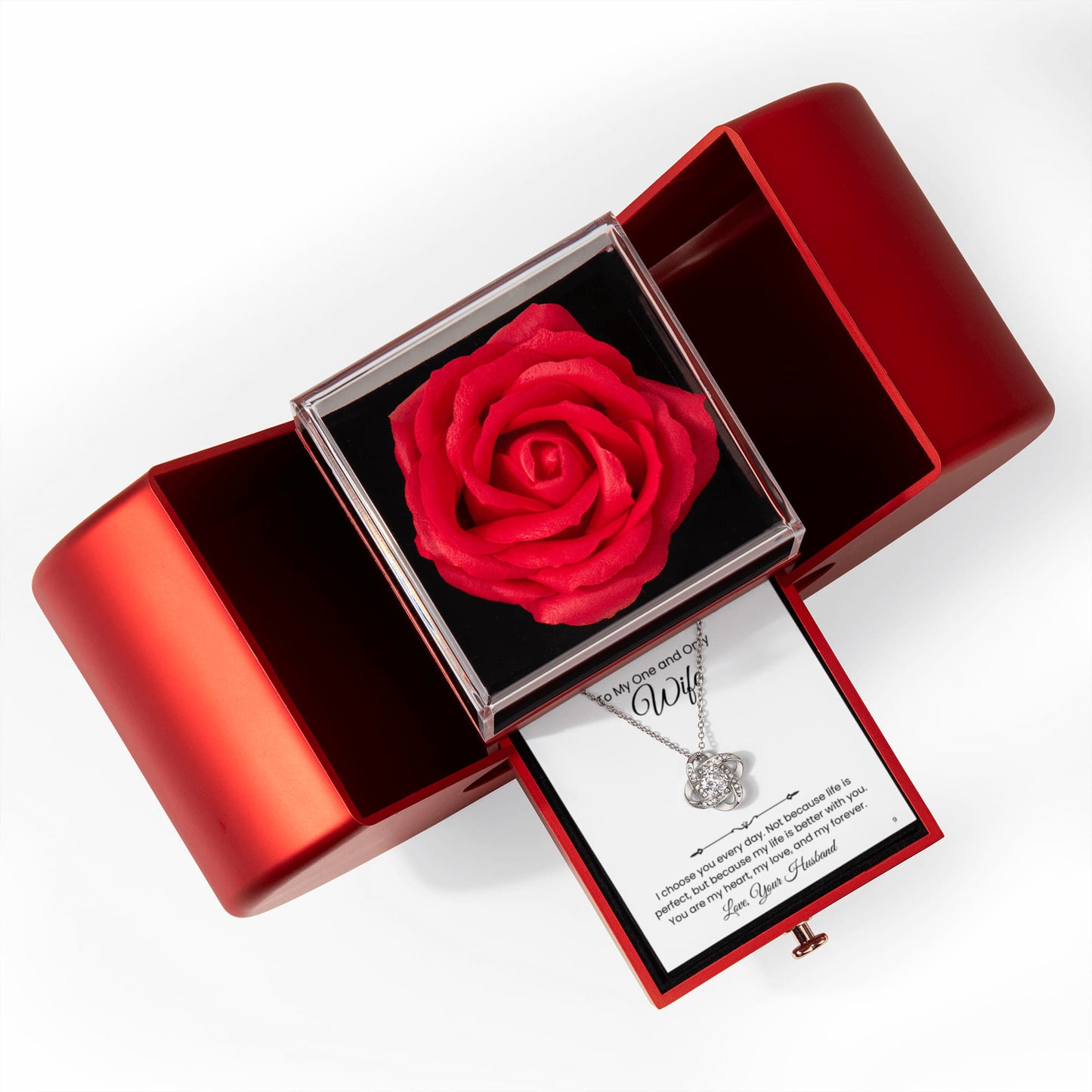 Elegant Rose Heart Box and Love knot Necklace Gift Set-Wife