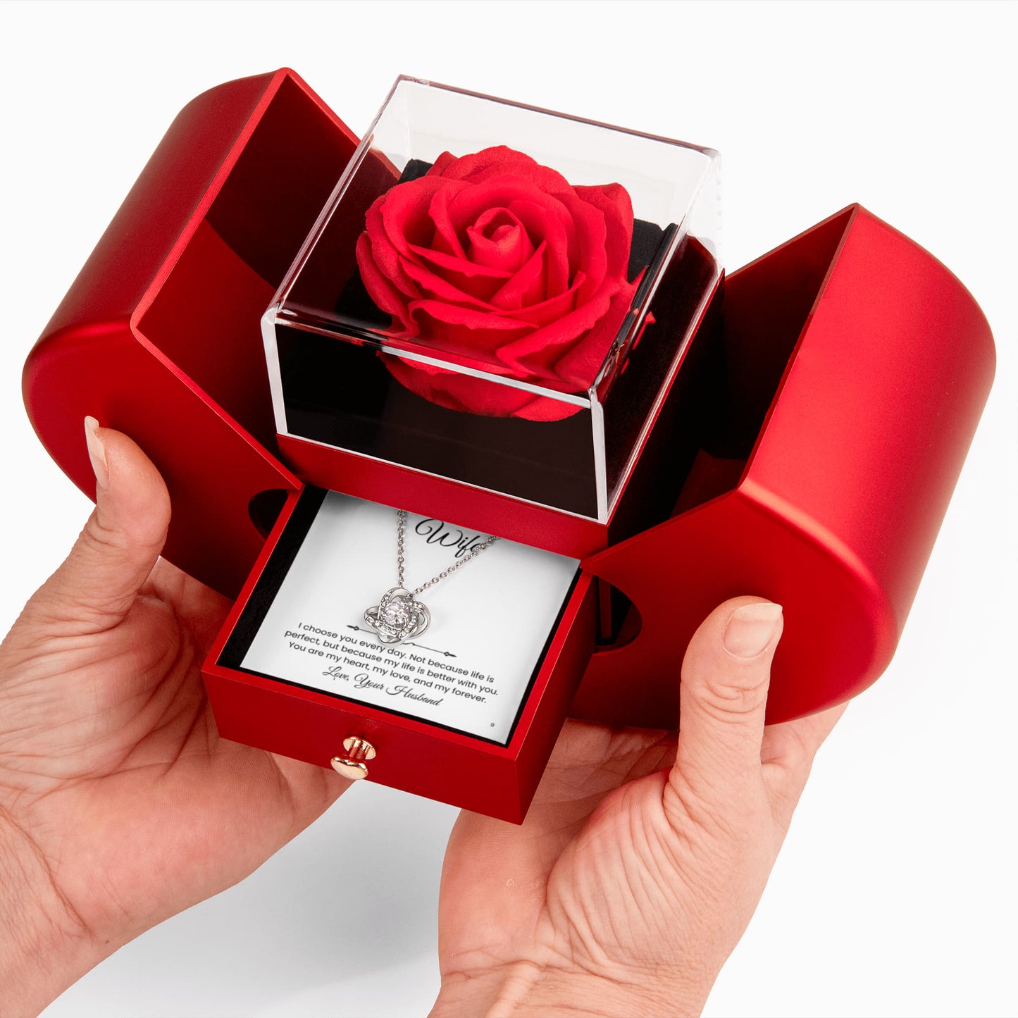 Elegant Rose Heart Box and Love knot Necklace Gift Set-Wife