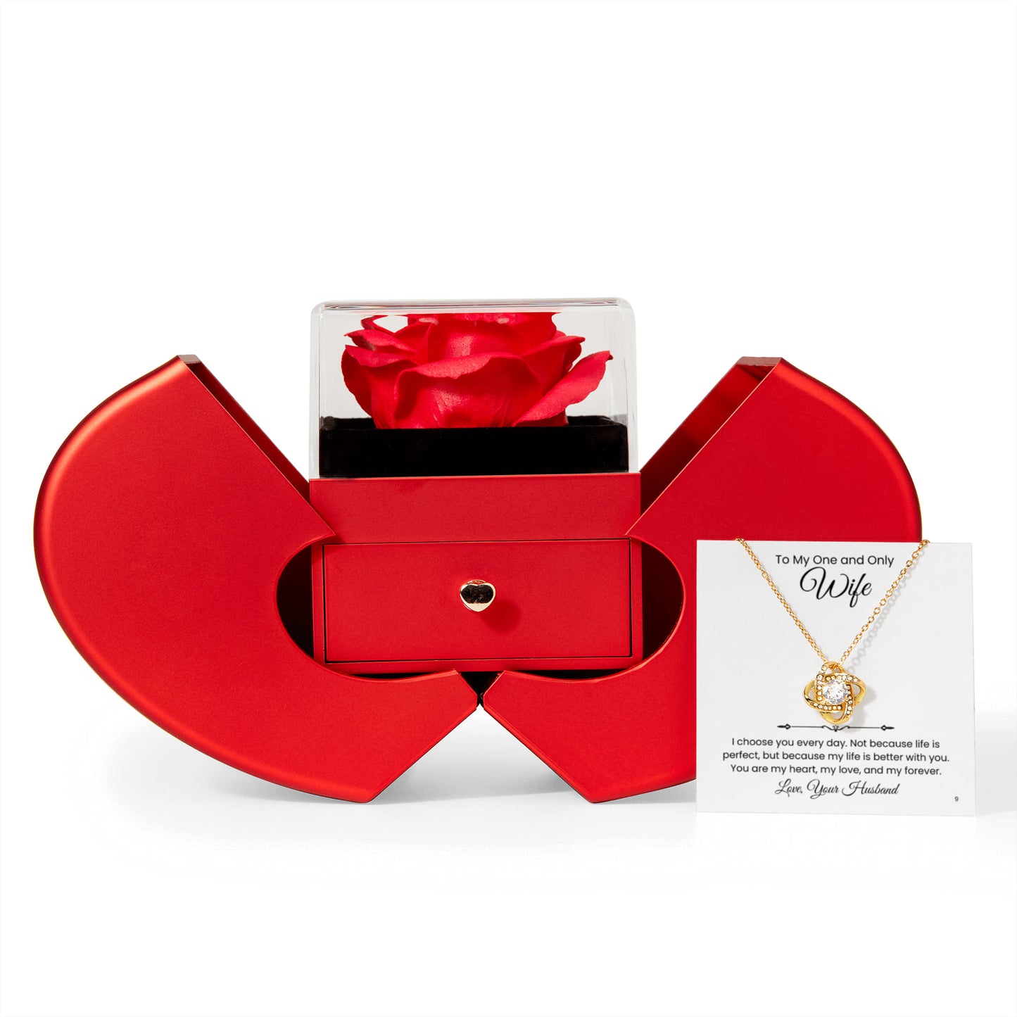 Elegant Rose Heart Box and Love knot Necklace Gift Set-Wife