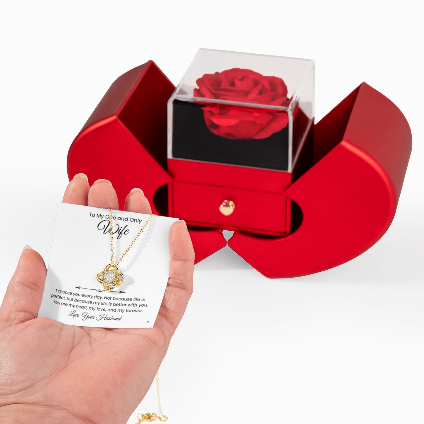 Elegant Rose Heart Box and Love knot Necklace Gift Set-Wife