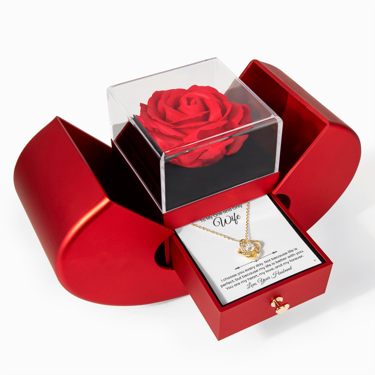 Elegant Rose Heart Box and Love knot Necklace Gift Set-Wife